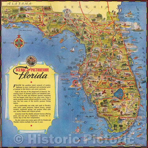 Historic Map - Scenic and Picturesque Florida, 1949, George Way - Vintage Wall Art