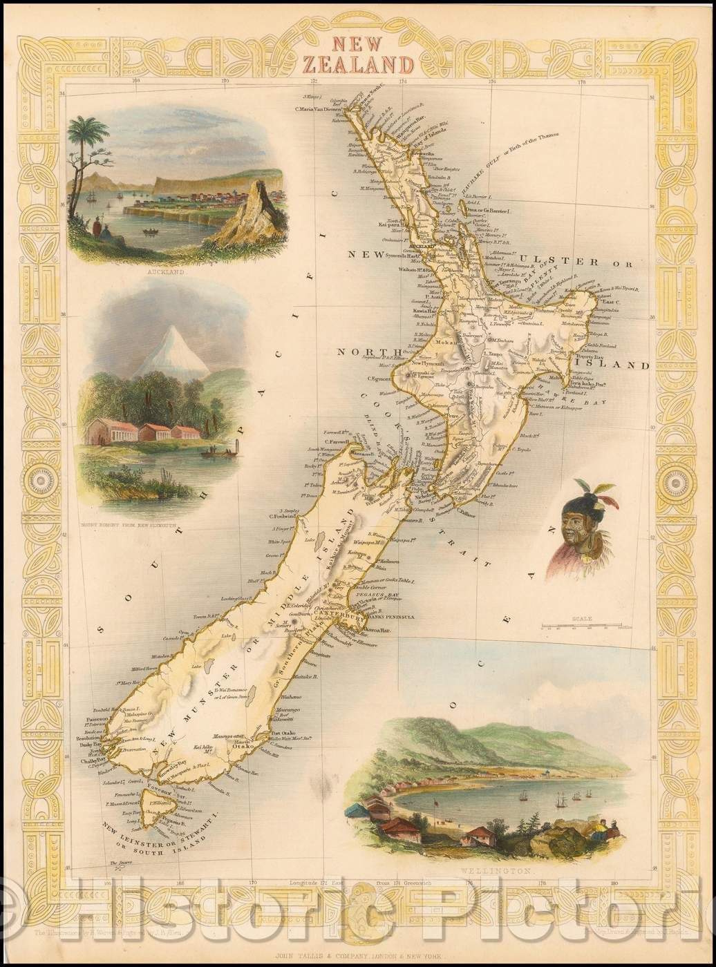 Historic Map - New Zealand, 1851, John Tallis - Vintage Wall Art