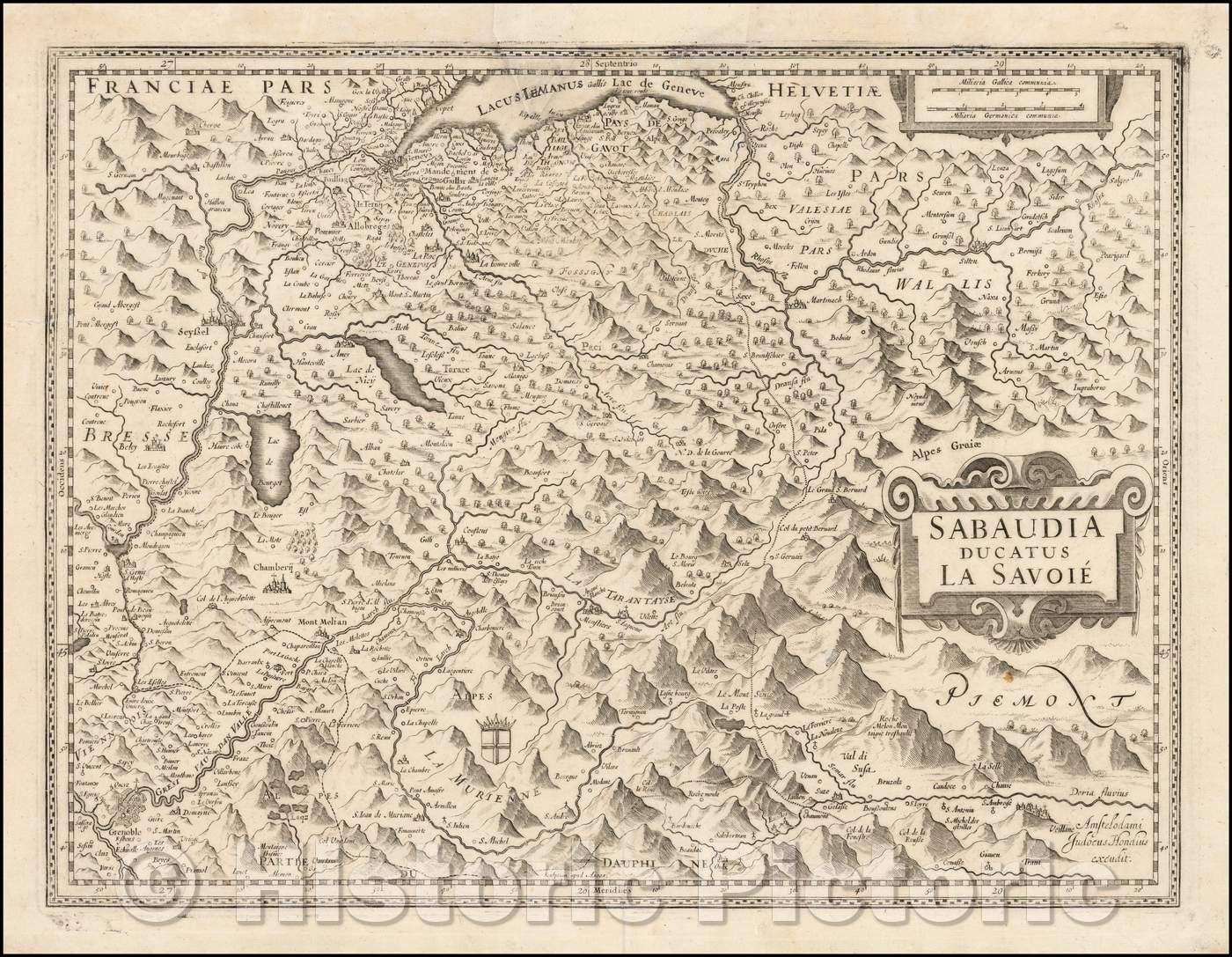 Historic Map - Sabaudia Ducatus La Savoie :: Geneva, Grenoble, the Piemont and southern Switzerland,Mont Blanc, St. Anton, Val D'Isrelanc, St. Anton, Val D'Isre, 1620 - Vintage Wall Art