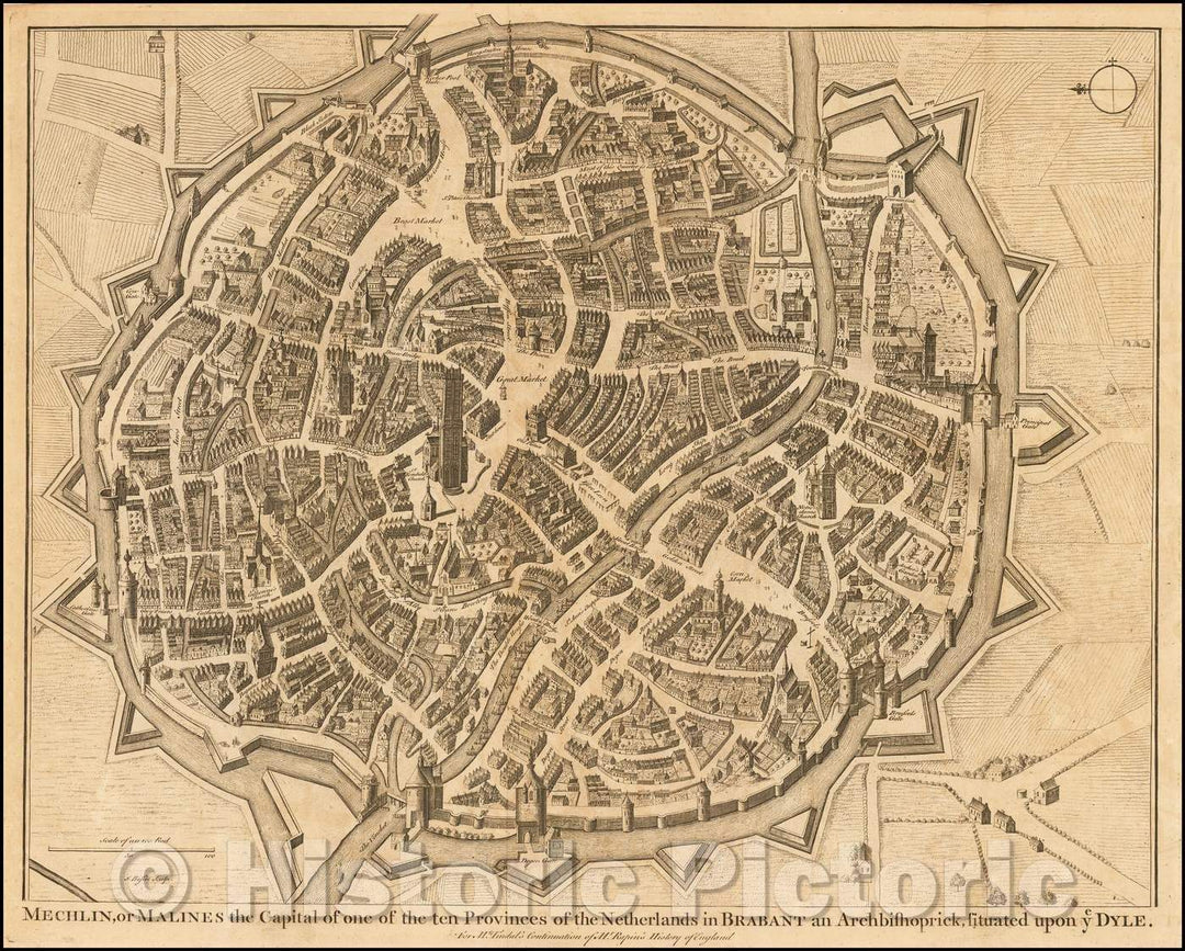 Historic Map - Mechlin, or Malines the Capital of one of the ten Provinces of the Netherlands in Brabant an Archbishoprick, situated upon ye Dyle, 1746 - Vintage Wall Art