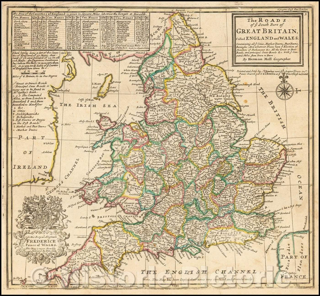 Historic Map - The Roads of ye South Part of Great Britain, Called England and Wales. Containing all ye Cities, Market Towns, Post Towns, Boroughs, 1732 - Vintage Wall Art