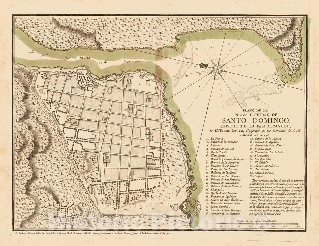 Historic Map - Plano de la Plaza y Ciudad de Santo Domingo Capital/Plan of Santo Domingo, published in Madrid by Tomas Lopez, 1785, Tom? L?ez - Vintage Wall Art