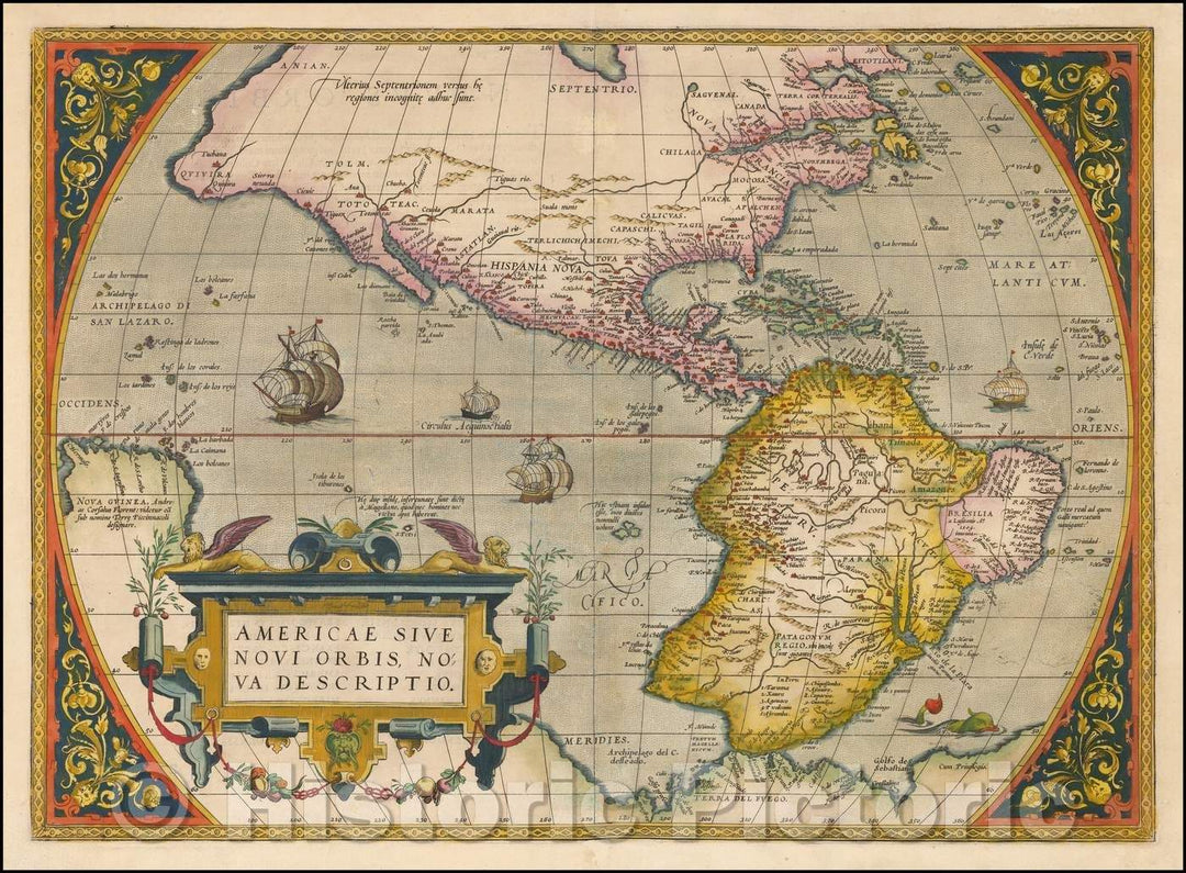 Historic Map - Americae Sive Novi Orbis Nova Descriptio/America World Map, 1571, Abraham Ortelius - Vintage Wall Art