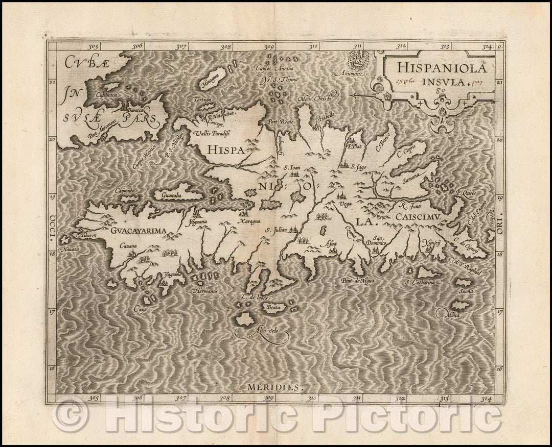 Historic Map - Hispaniola Insula./Hispaniola Island, 1597, Cornelis van Wytfliet - Vintage Wall Art