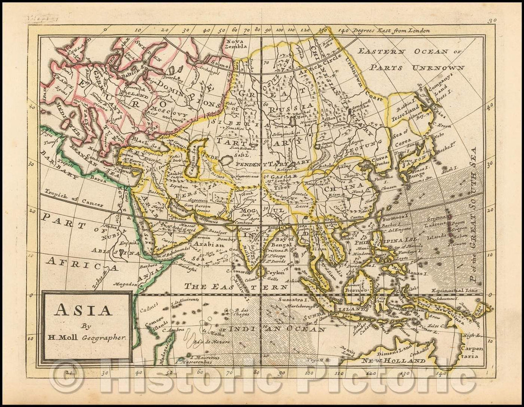 Historic Map - Asia, 1729, Herman Moll - Vintage Wall Art