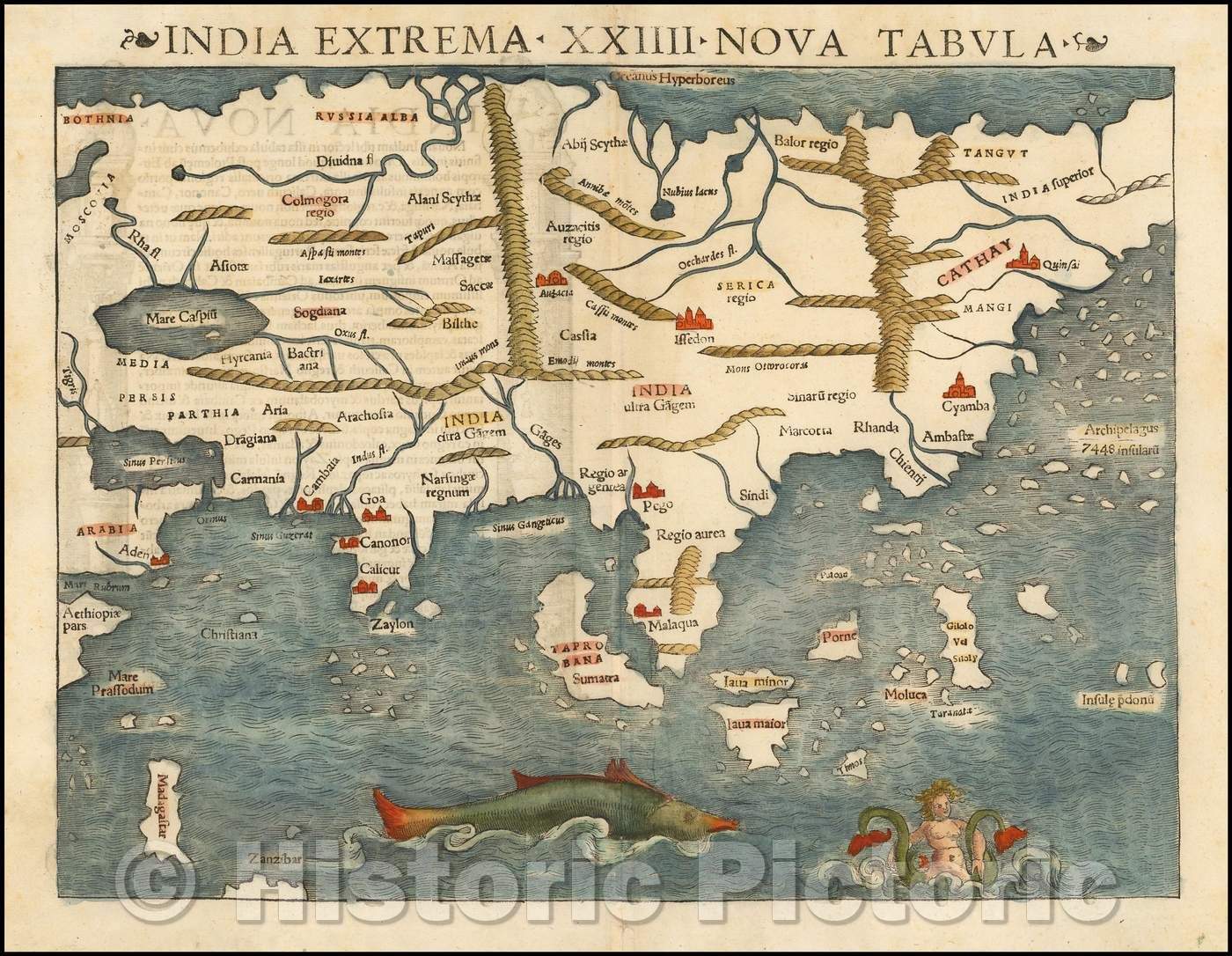 Historic Map - India Extrema XIX Nova Tabula (1st Printed Map of Asia - Old Color!), 1542, Sebastian M?nster - Vintage Wall Art