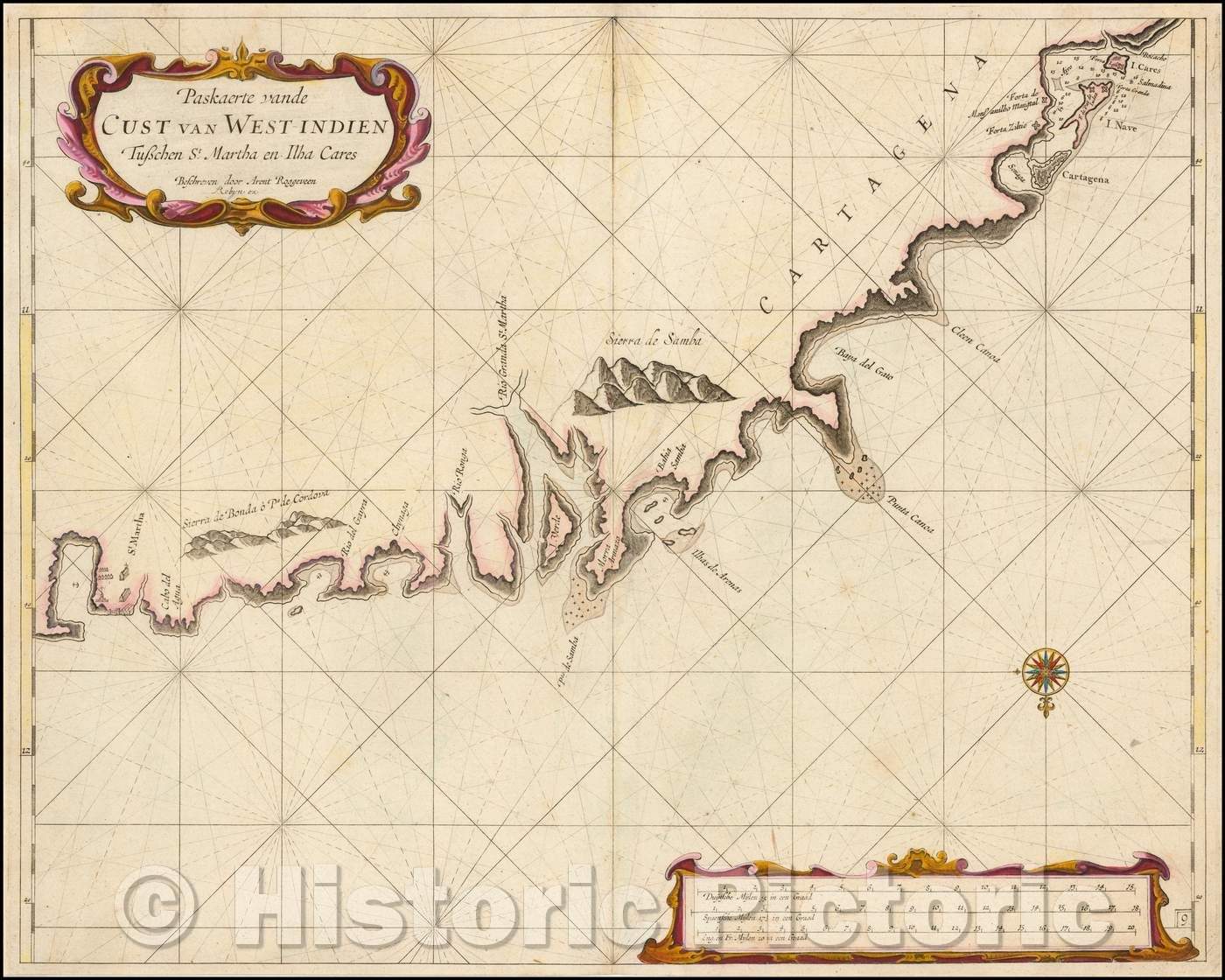 Historic Map - (Colombia) Paskaerte vande Cust van West-Indien Tuschen St. Martha en Ilha/Sea Chart of the Eastern Colombian Coastline, 1698 - Vintage Wall Art