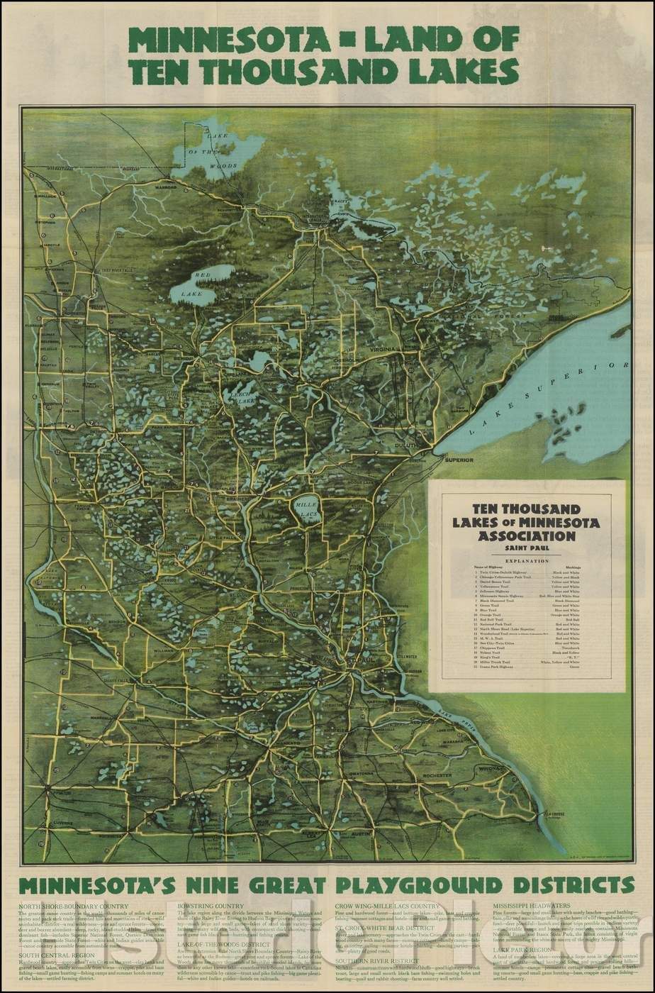 Historic Map - Minnesota - Land of Ten Thousand Lakes, 1918, Ten Thousand Lakes of Minnesota Association - Vintage Wall Art