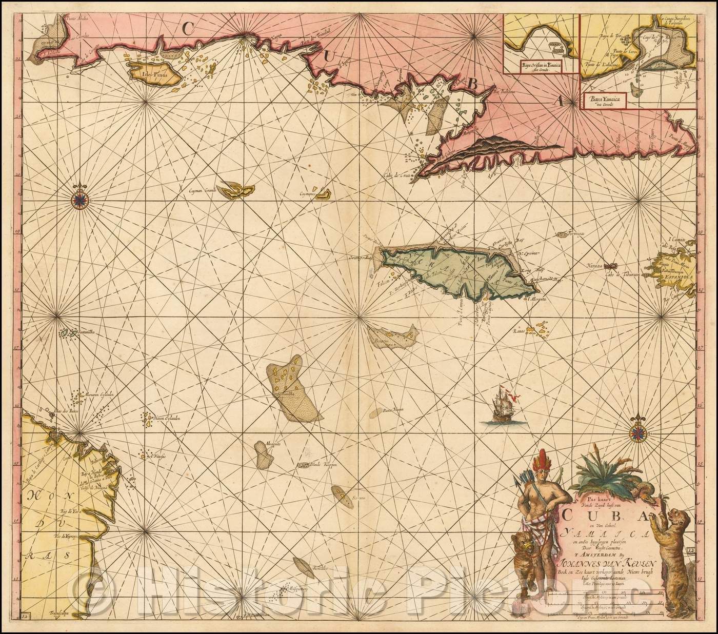 Historic Map - Pas kaart Vande Zuyd kust van Cuba en Van Geheel Yamaica en/Jamaica and the Cayman Islands and showing most of Cuba, 1695, Johannes Van Keulen - Vintage Wall Art