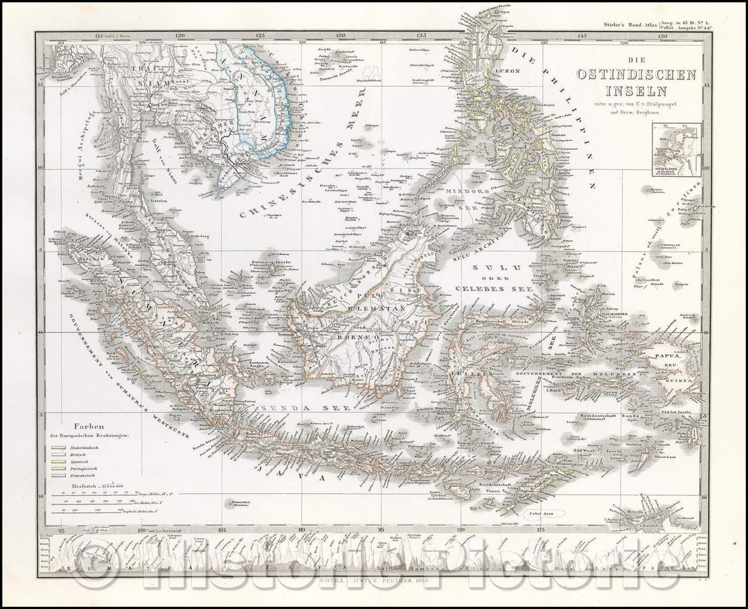 Historic Map - Die Ostindischen Inseln/Map of the Southeast Asia Region illustrating the great precision in Stieler's work, 1869, Adolf Stieler - Vintage Wall Art