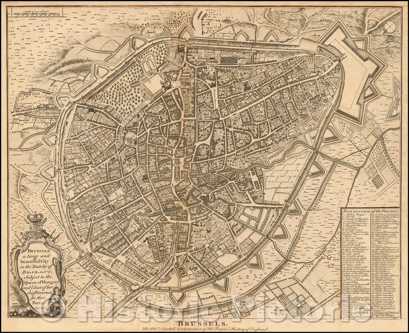 Historic Map - Brussels a large and beautiful City in the Dutchy of Brabant, Subject to the Queen of Hungary, 1746, Paul de Rapin de Thoyras - Vintage Wall Art