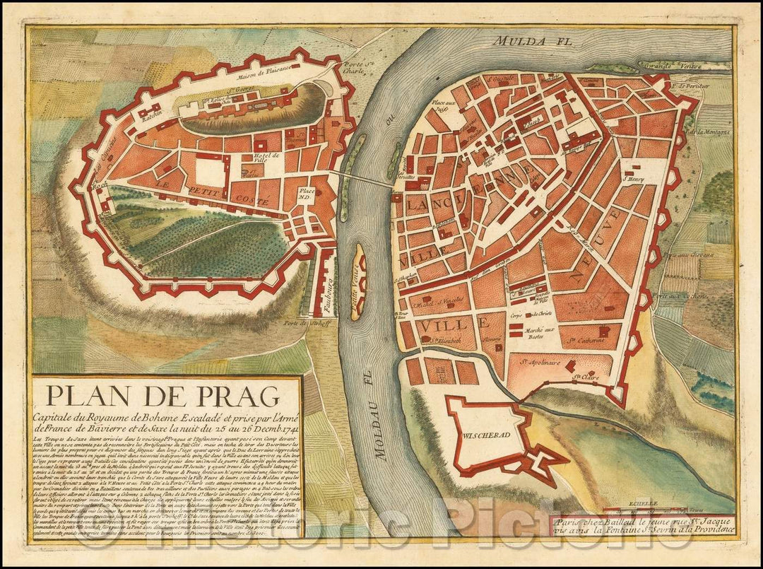 Historic Map - Plan de Prag Capitale du Royaume de Boheme Escalade et prise par l'Arme de France/Plan of Prague, published in Paris by Jean Baillieul, 1742 - Vintage Wall Art