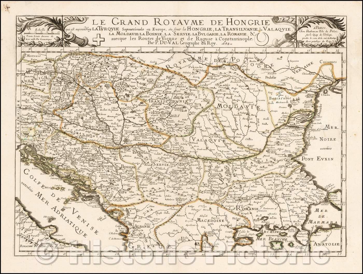 Historic Map - Le Grand Royaume de Hongrie qui est aujourd huy La Turquie Septentrionale en Europe/Map of the Kingdom of Hungary, Vienna to Istanbul, 1684 - Vintage Wall Art