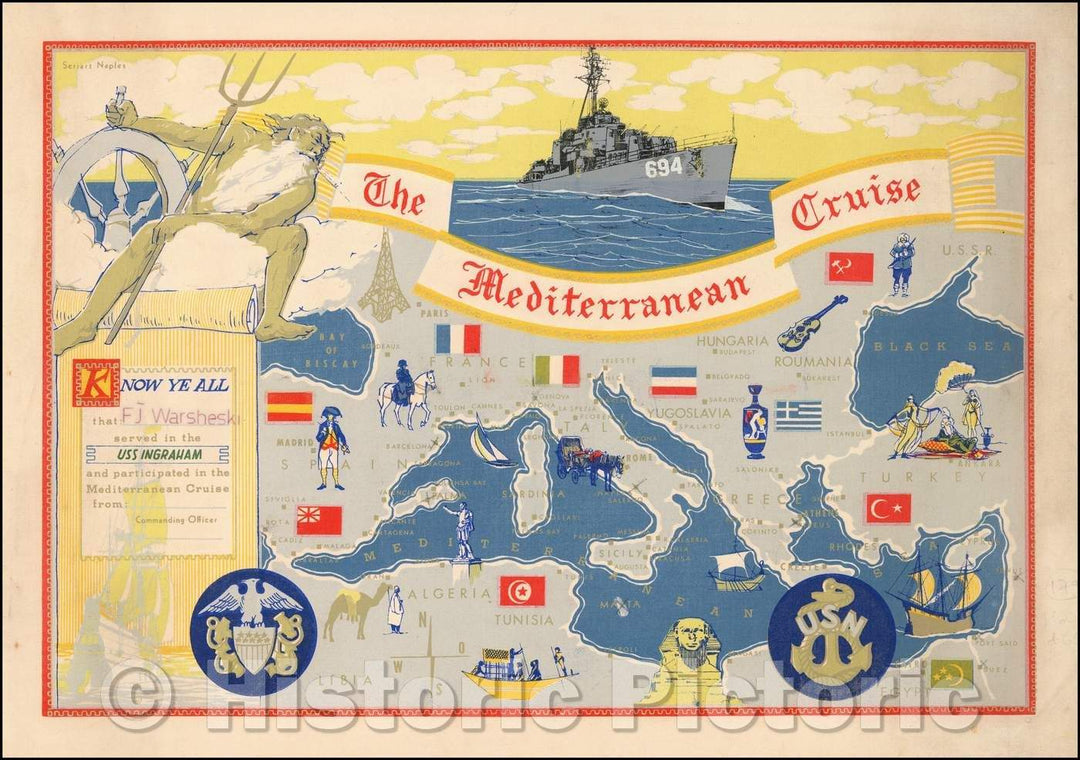 Historic Map - USS Ingraham, The Mediterranean Sea, 1960, Seriart Naples - Vintage Wall Art