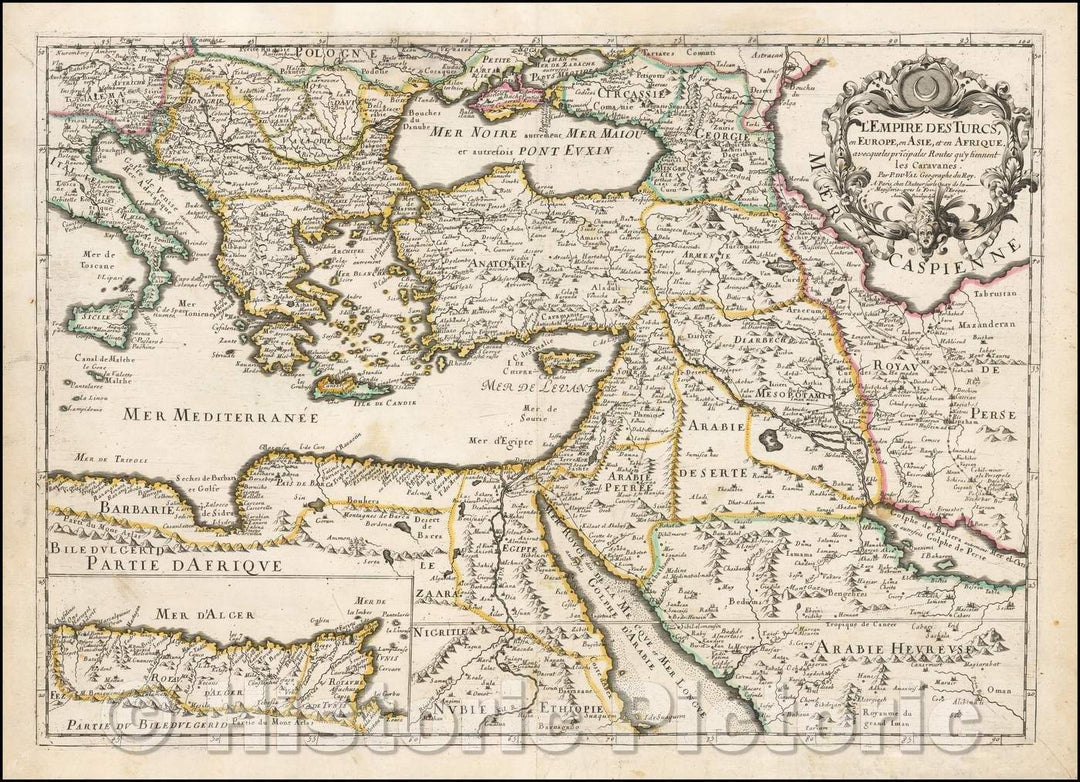 Historic Map - L'Empire Des Turcs, en Europe, en Asie et en Afrique, avec queles princ :: Ottoman Empire, Mediterreanean to Persia and Caspian Sea, 1670 - Vintage Wall Art