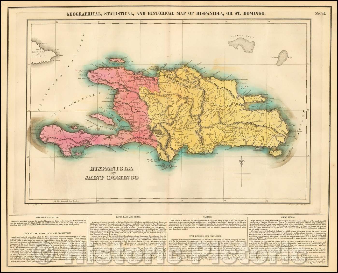 Historic Map - Geographical, Statistical and Historical Map of Hispaniola, or St. Domingo, 1823, Henry Charles Carey - Vintage Wall Art