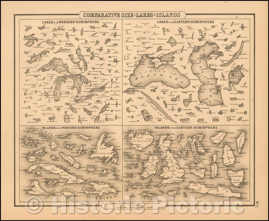 Historic Map - Comparative Size of Lakes and Islands [Great Lakes, Cuba, Formosa, Ireland, Sicily, Cyprus, Vancouver, Sandwich Islands, Puerto Rico, Corsica, 1857 v1