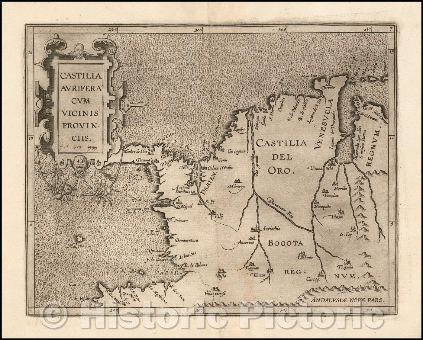 Historic Map - (First Map of Colombia) Castilia Aurifera Cum Vicinis Provinciis/Example of Cornelis Wytfliet's Map of Colombia, Panama and Venezuela, 1597 - Vintage Wall Art