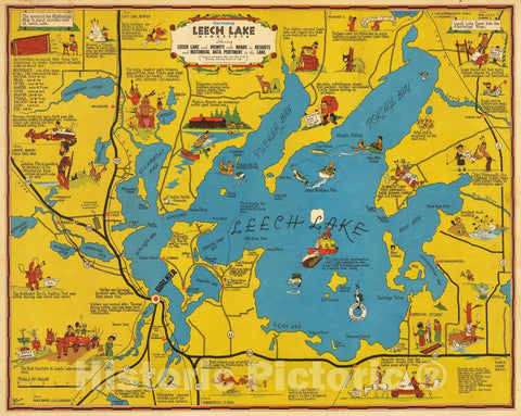 Historic Map - Cartomap Leech Lake Minnesota Showing Leech Lake and Vicinity with Roads to Resorts and Historical Data Pertinent to the Lake, 1940 - Vintage Wall Art