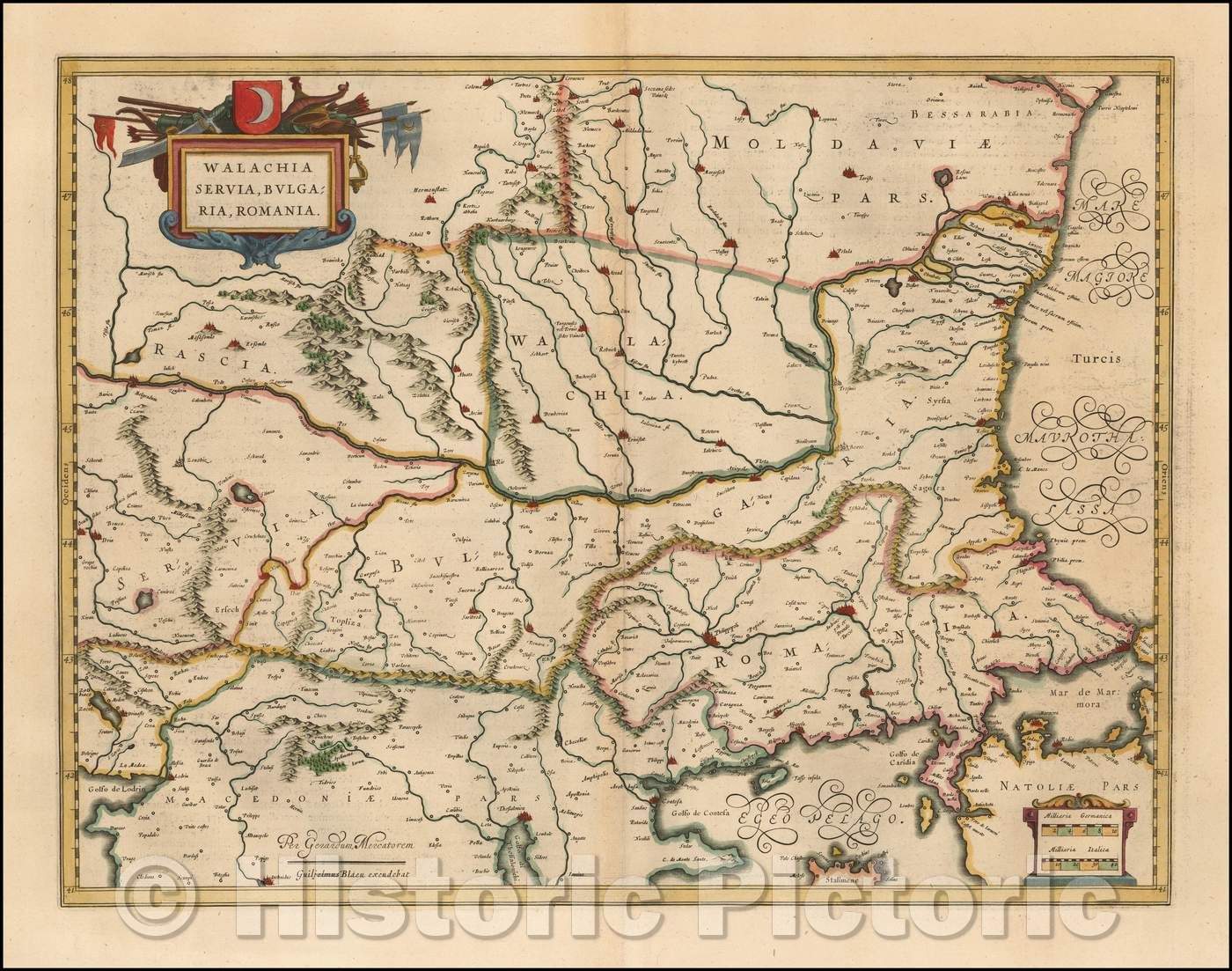 Historic Map - Walachia Servia, Bulgaria, Romania, 1635, Willem Janszoon Blaeu - Vintage Wall Art