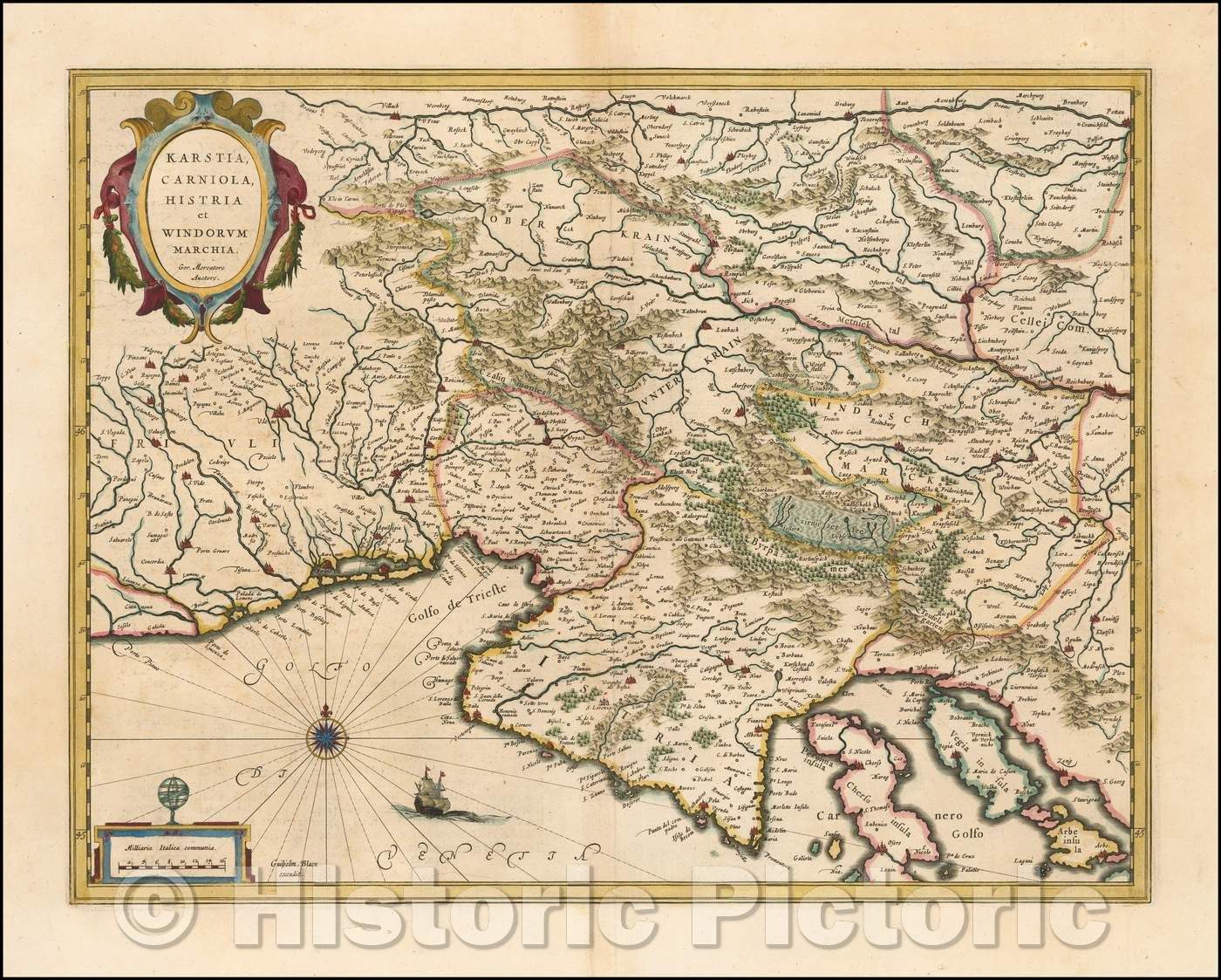 Historic Map - Karstia, Carniola Histria et Windorum Marchia/Map of the Gulf of Venice and Gulf of Trieste Regions, including Friuli and Istria, 1640 - Vintage Wall Art