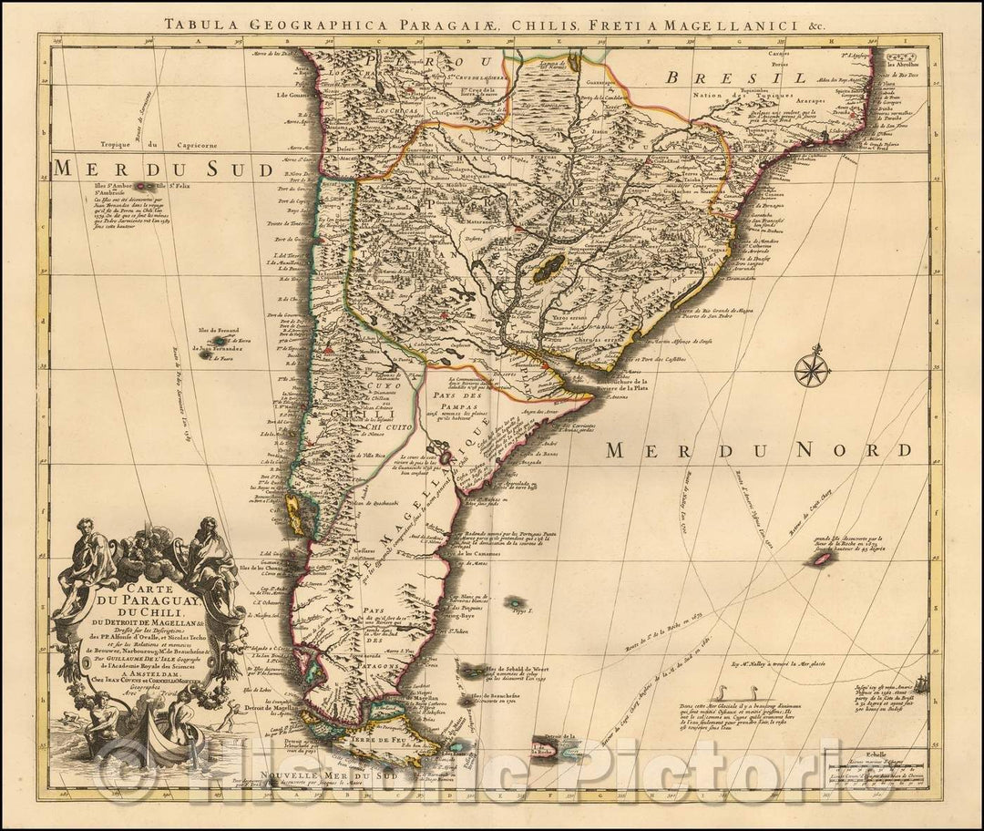 Historic Map - Carte du Paraguay du Chili du Detroit De Magellan/Map of the southern part of South America, 1720, Johannes Covens - Vintage Wall Art