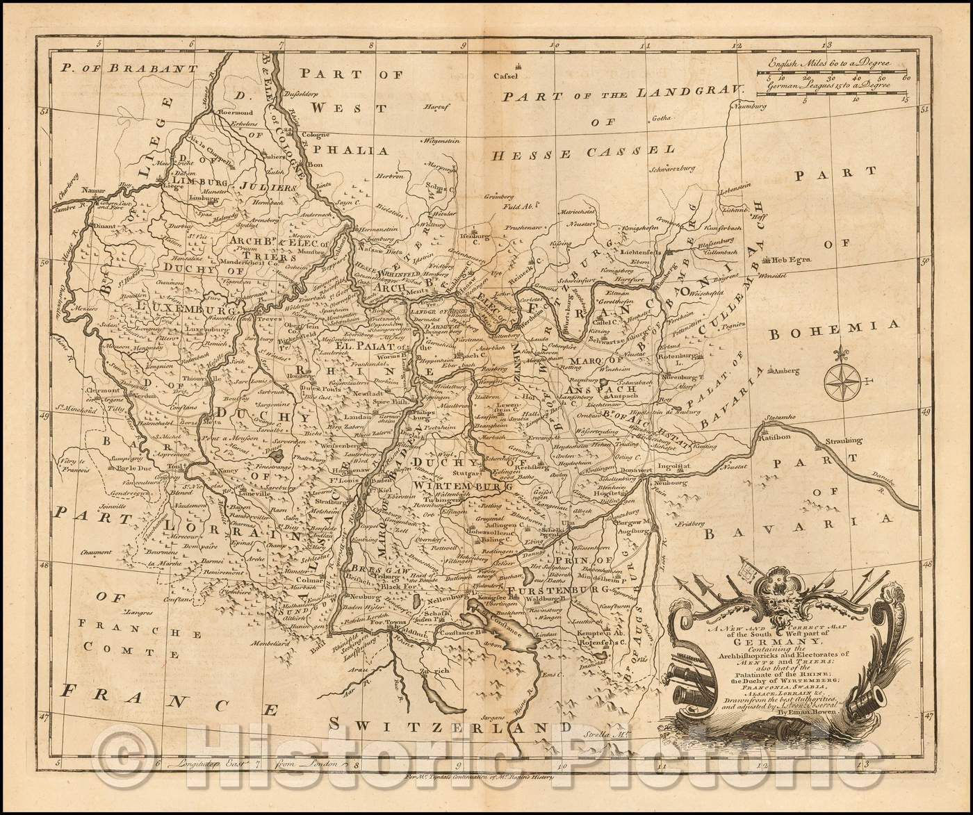 Historic Map - A New and Correct Map of the South West part of Germany, Containing Archbishopricks and Electorates of Mentz and Triers, 1732, Emanuel Bowen - Vintage Wall Art