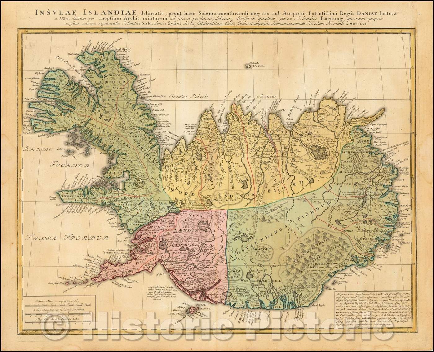 Historic Map - Insulae Islandiae delineatio, prout haec Solenni mensurandi netotio/Map of Iceland, 1761, - Vintage Wall Art