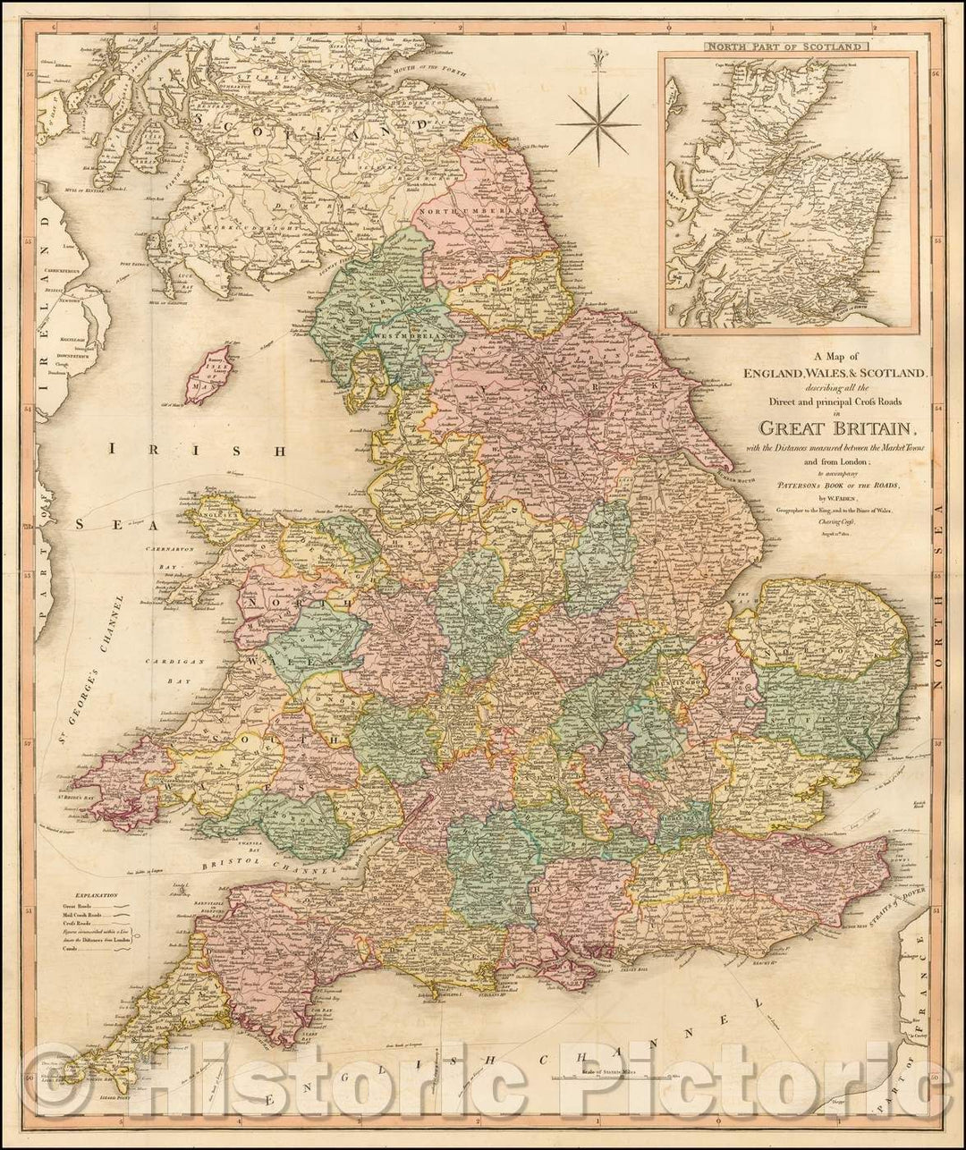 Historic Map - A Map of England, Wales & Scotland describing all the Direct and principal Cross Roads in Great Britain, 1801, William Faden v2