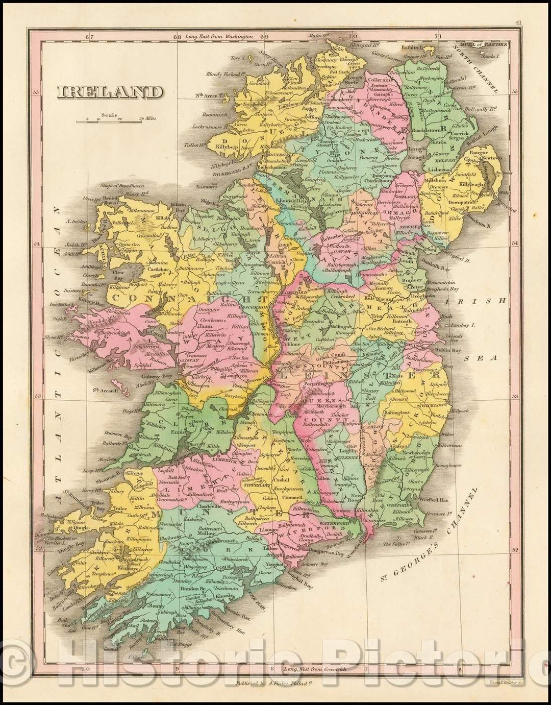 Historic Map - Ireland, 1824, Anthony Finley - Vintage Wall Art