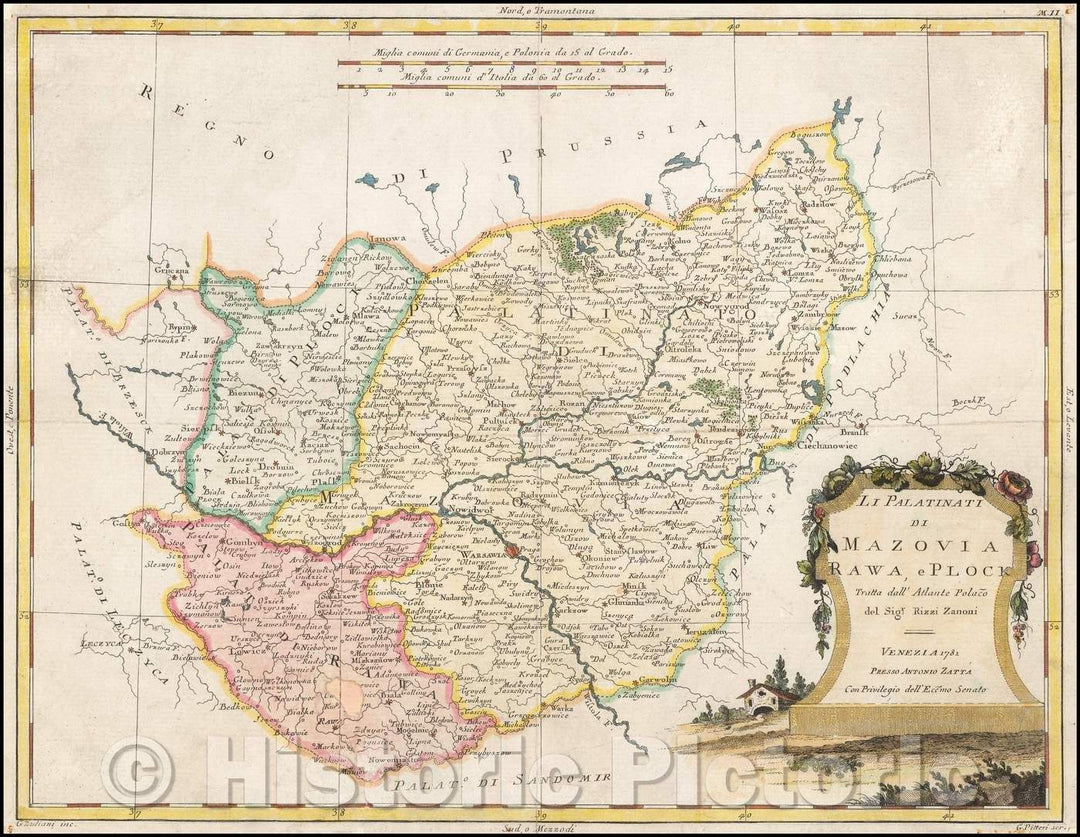 Historic Map - Li Palatinati di Mazovia, Rawa e Plock Tratta dall' Atlante P :: Poland, Warsawia, Ieruzalem, Rawa, Lowicz, Ianowa, Nowidor, Radzilow, Nowygrod, 1781 - Vintage Wall Art