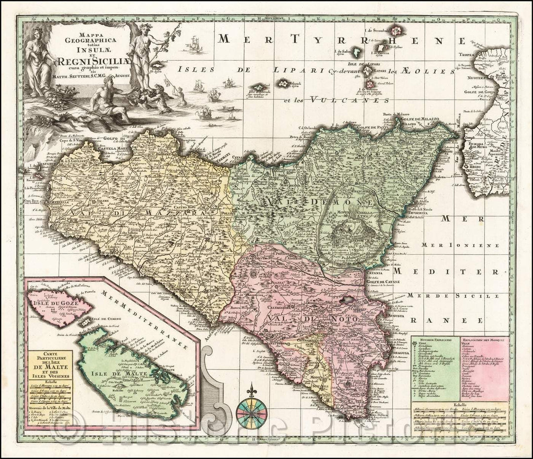 Historic Map - Mappa Geographica totius Insulae et Regni Siciliae cura graphio et impensi :: Kingdom of Sicily, 1730 - Vintage Wall Art