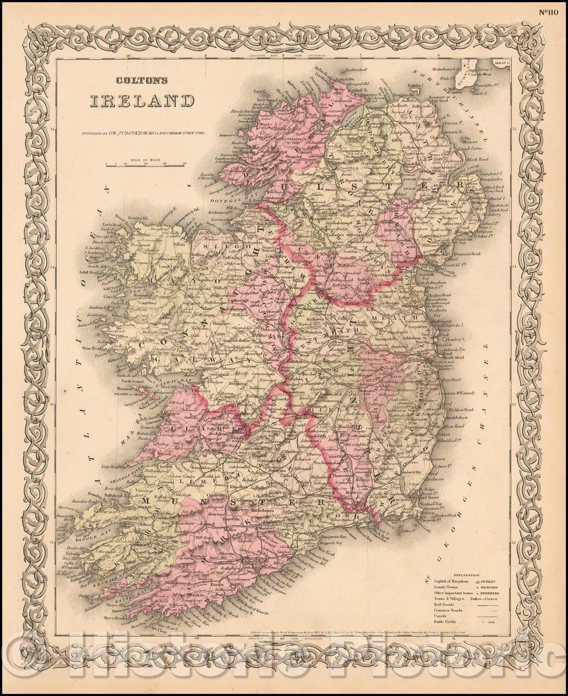 Historic Map - Ireland, 1865, Joseph Hutchins Colton - Vintage Wall Art