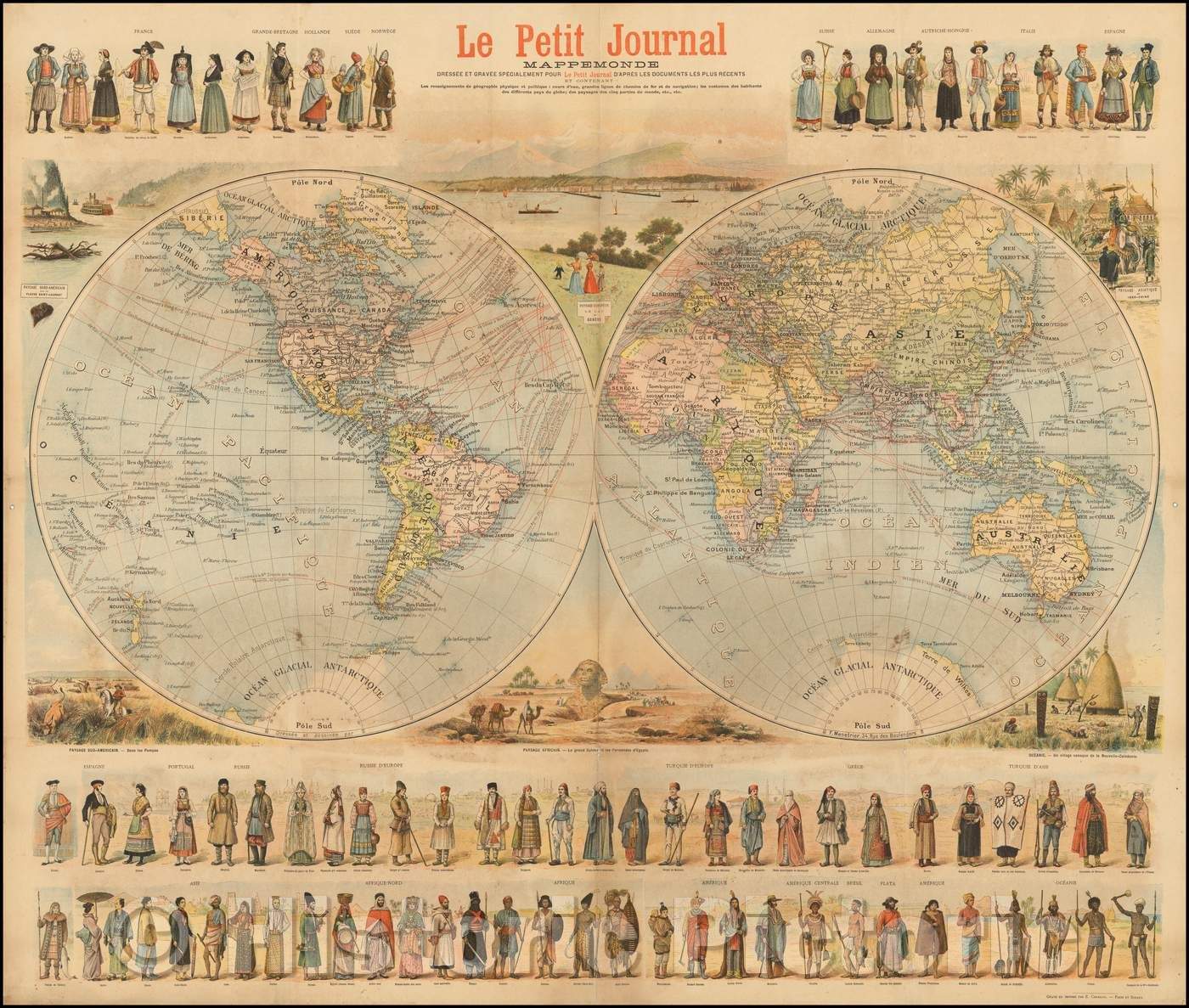 Historic Map - Wall Map of the World Mappemonde Dressee et Grave Specialement pour Le Petit Journal D?apres les Documents le Plus Regents, 1900, Menetrier - Vintage Wall Art