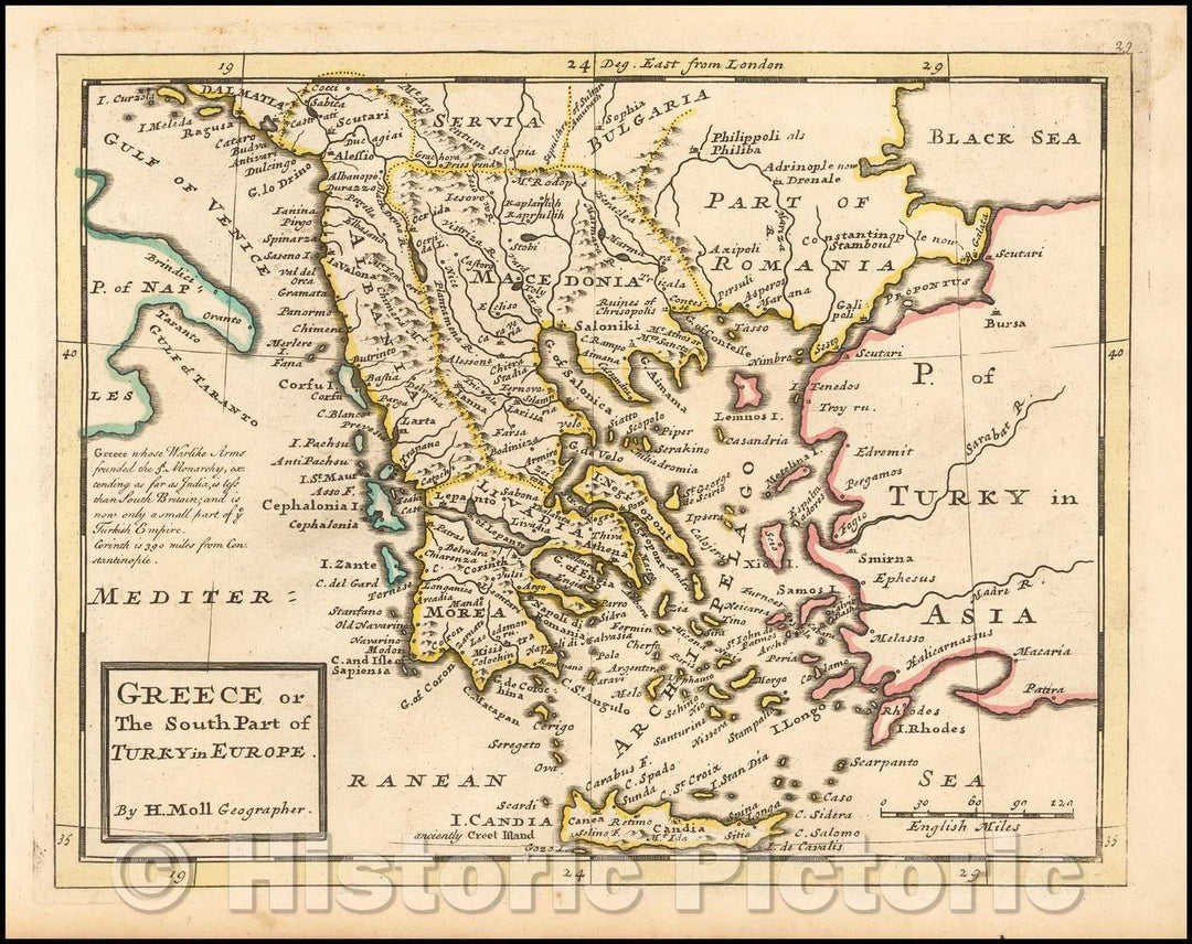 Historic Map - Greece or The South Part of Turky in Europe, 1729, Herman Moll - Vintage Wall Art