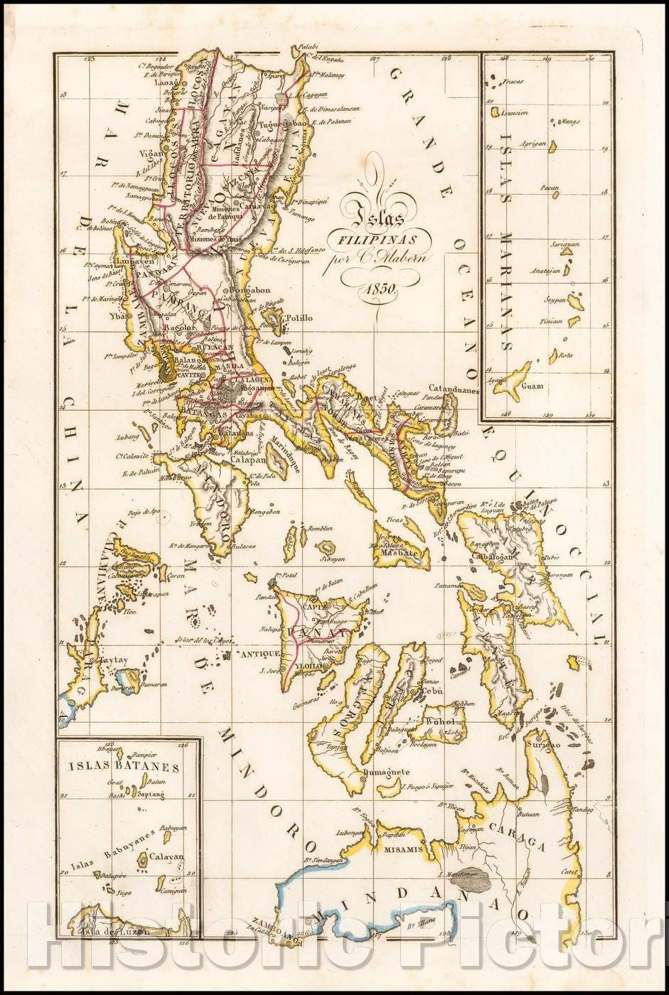 Historic Map - Islas Filipinas por C Alabern 1850 / Map of the Philippines, published by Alabern in Madrid, 1850, Camilo Alabern - Vintage Wall Art