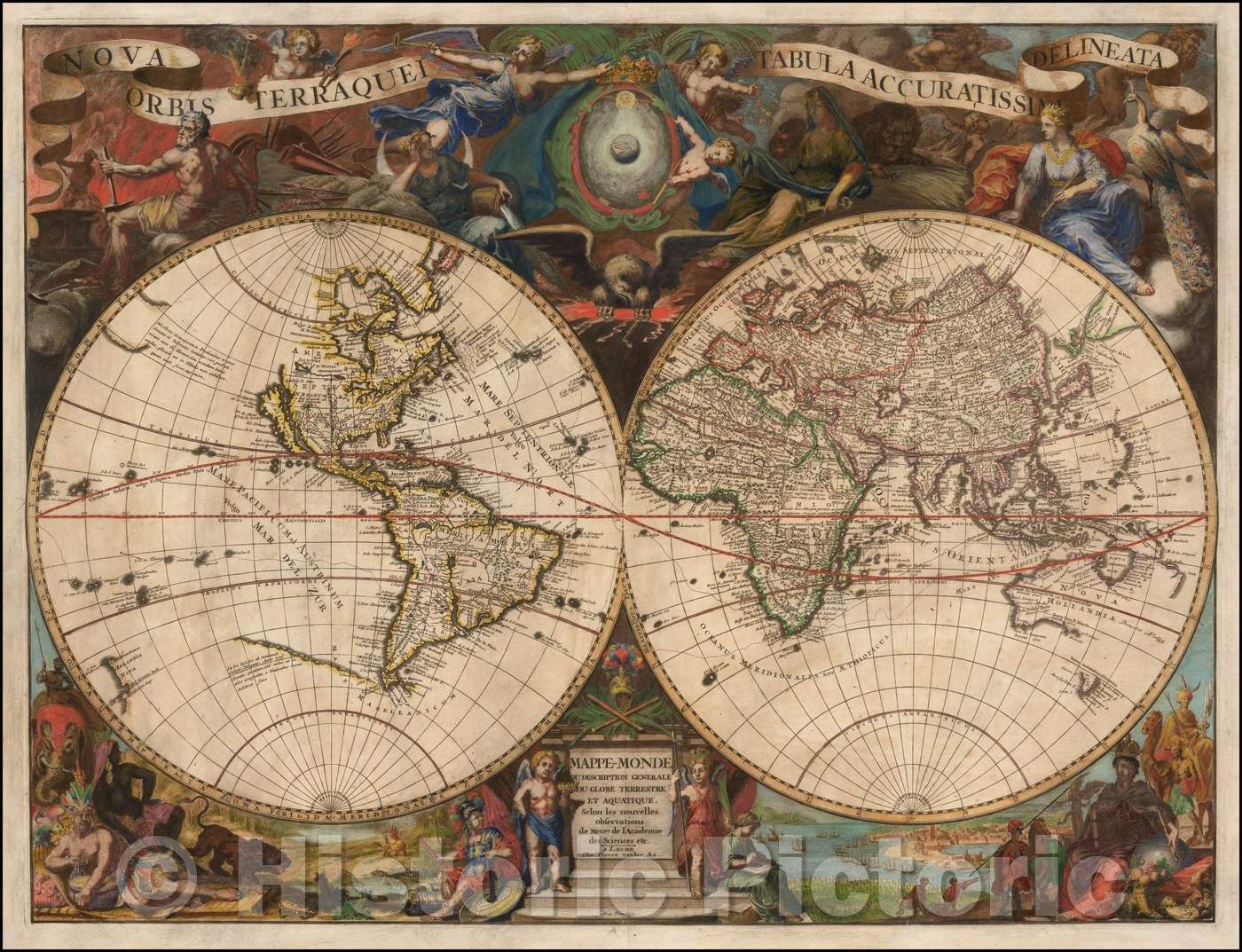 Historic Map - Nova Orbis Terraquei Tabula Accuratissimi Delineata/Double hemisphere Map of the World, 1713, Pieter van der Aa - Vintage Wall Art