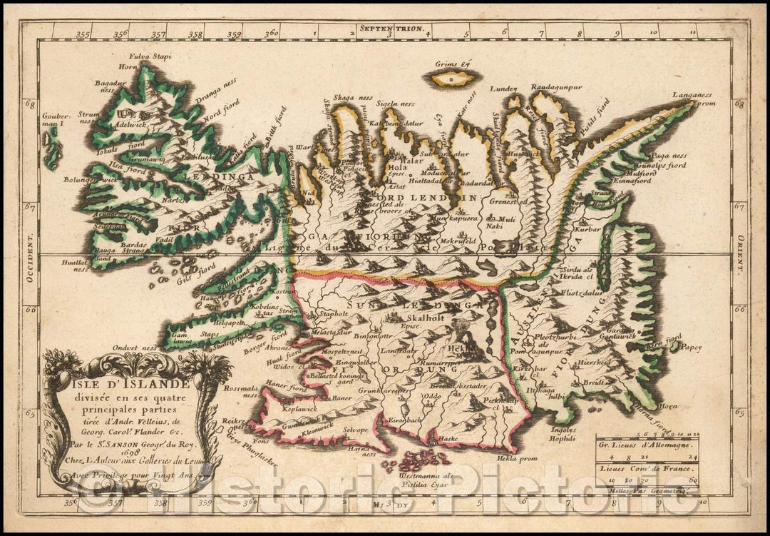 Historic Map - Isle D'Islande divisee en ses quatre principales tiree d'Andr. Velleius, de Georg. Carol. Flander &c/Map of Iceland, published by Sanson, 1698 - Vintage Wall Art