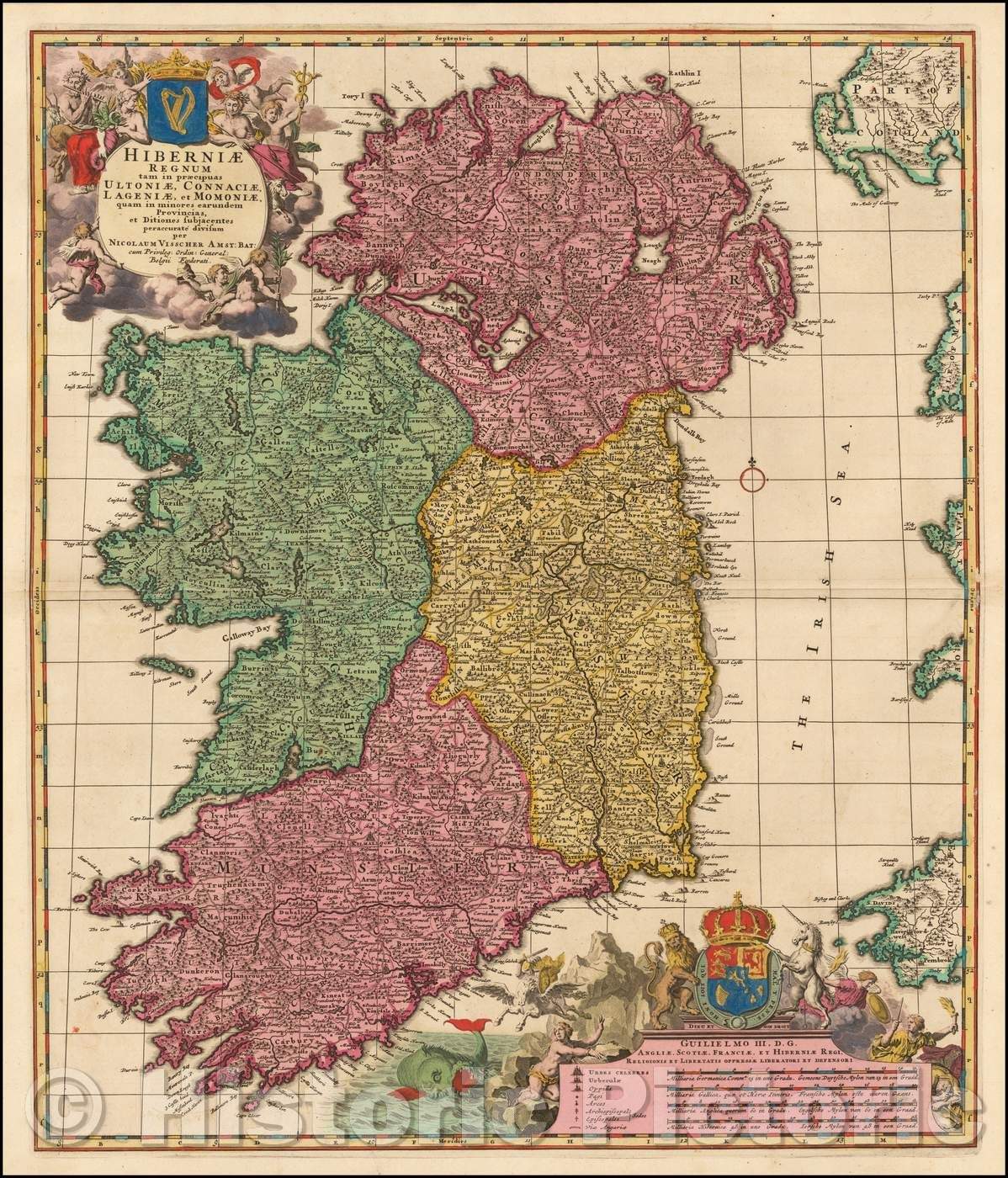 Historic Map - Hiberniae Regnum tam in praecipuas Ultoniae, Connaciae, Lageniae, et Momoniae / 18th Century Map of Ireland, 1680, Nicolaes Visscher I - Vintage Wall Art