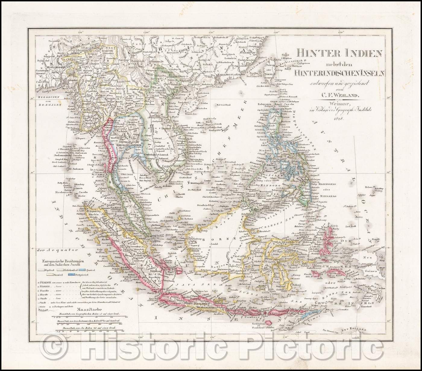 Historic Map - Hinter Indien nebst den Hinterindischen Inseln entwrfen :: Southeast Asia, including southern China, the Philippines, Malaysian Peninsula, 1828 - Vintage Wall Art