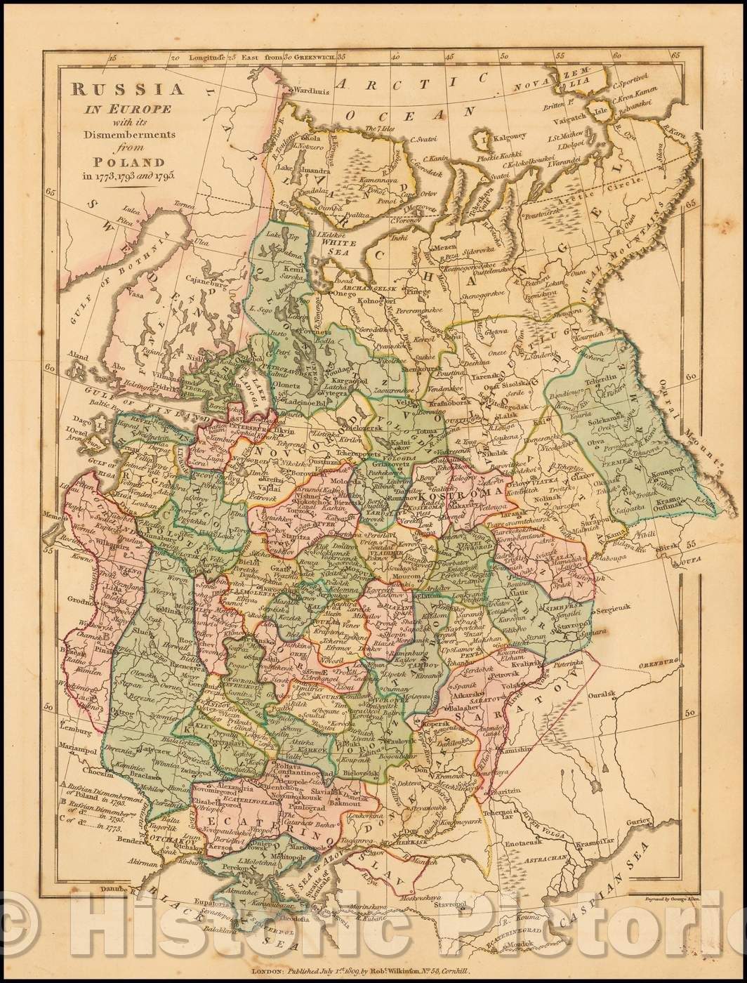 Historic Map - Russia In Europe with its Dismemberments from Poland in 1773, 1793 and 1795, 1809, Robert Wilkinson - Vintage Wall Art