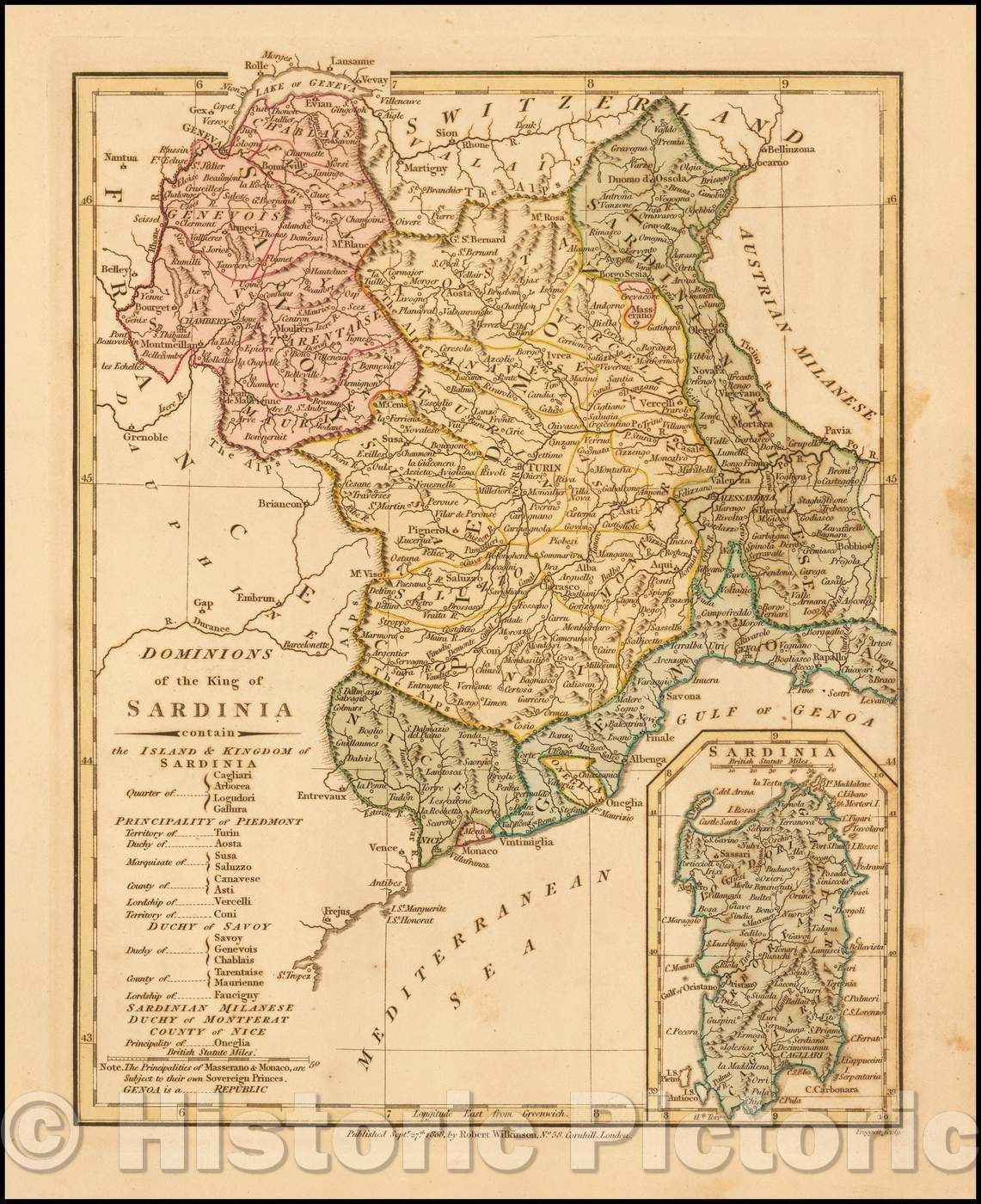 Historic Map - Dominons of The King of Sardinia, 1791, Robert Wilkinson - Vintage Wall Art