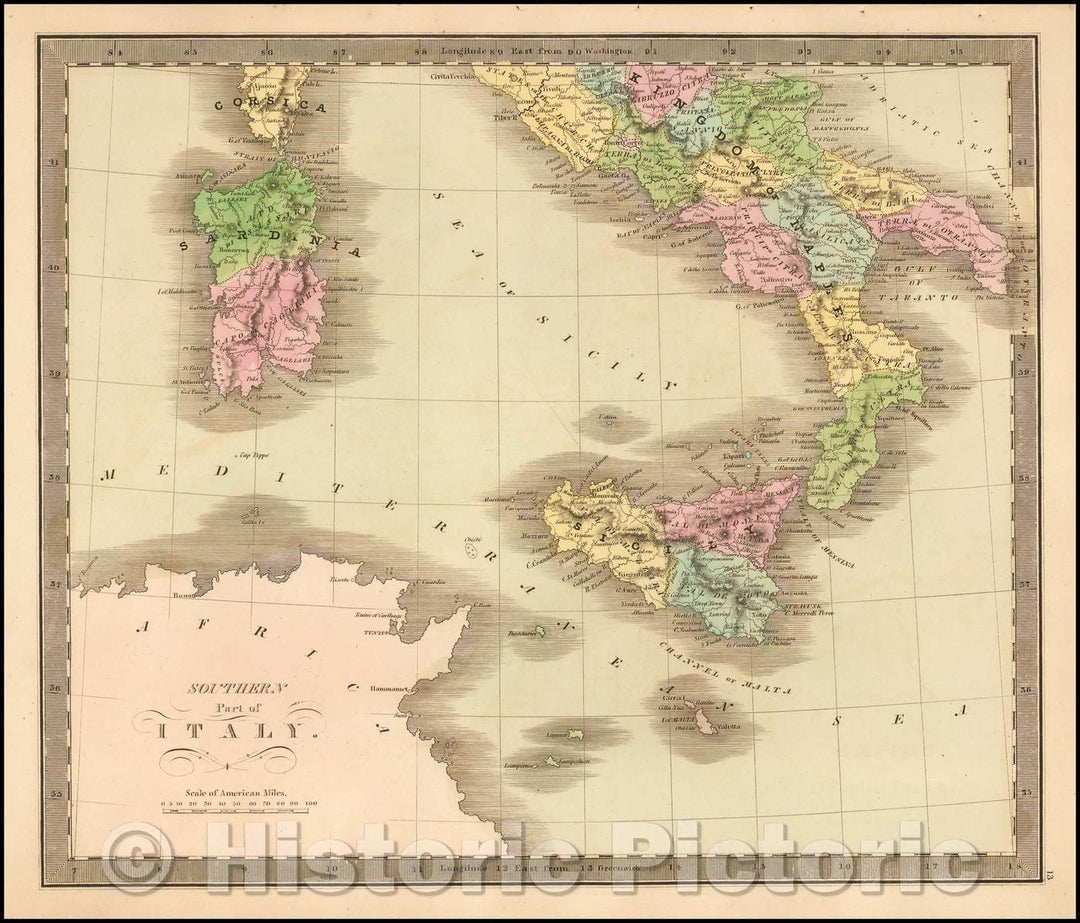 Historic Map - Southern Part of Italy (with Sicily, Sardinia, Malta and Part of Corsica), 1842, Jeremiah Greenleaf - Vintage Wall Art