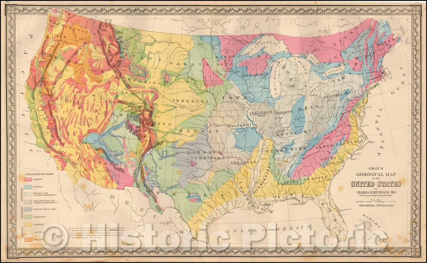 Historic Map - Gray's Map of the United States Showing the Principal Geological Formations, 1875, O.W. Gray & Son - Vintage Wall Art