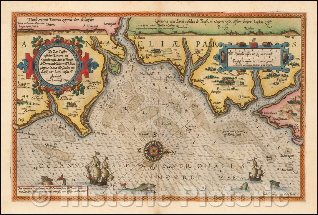 Historic Map - De Zee Custen tusschen Dovere en Orfordts Ness, daer de Teemse/Lucas Waghenaer's Sea Chart, Eastern Coastline of England, 1588 - Vintage Wall Art