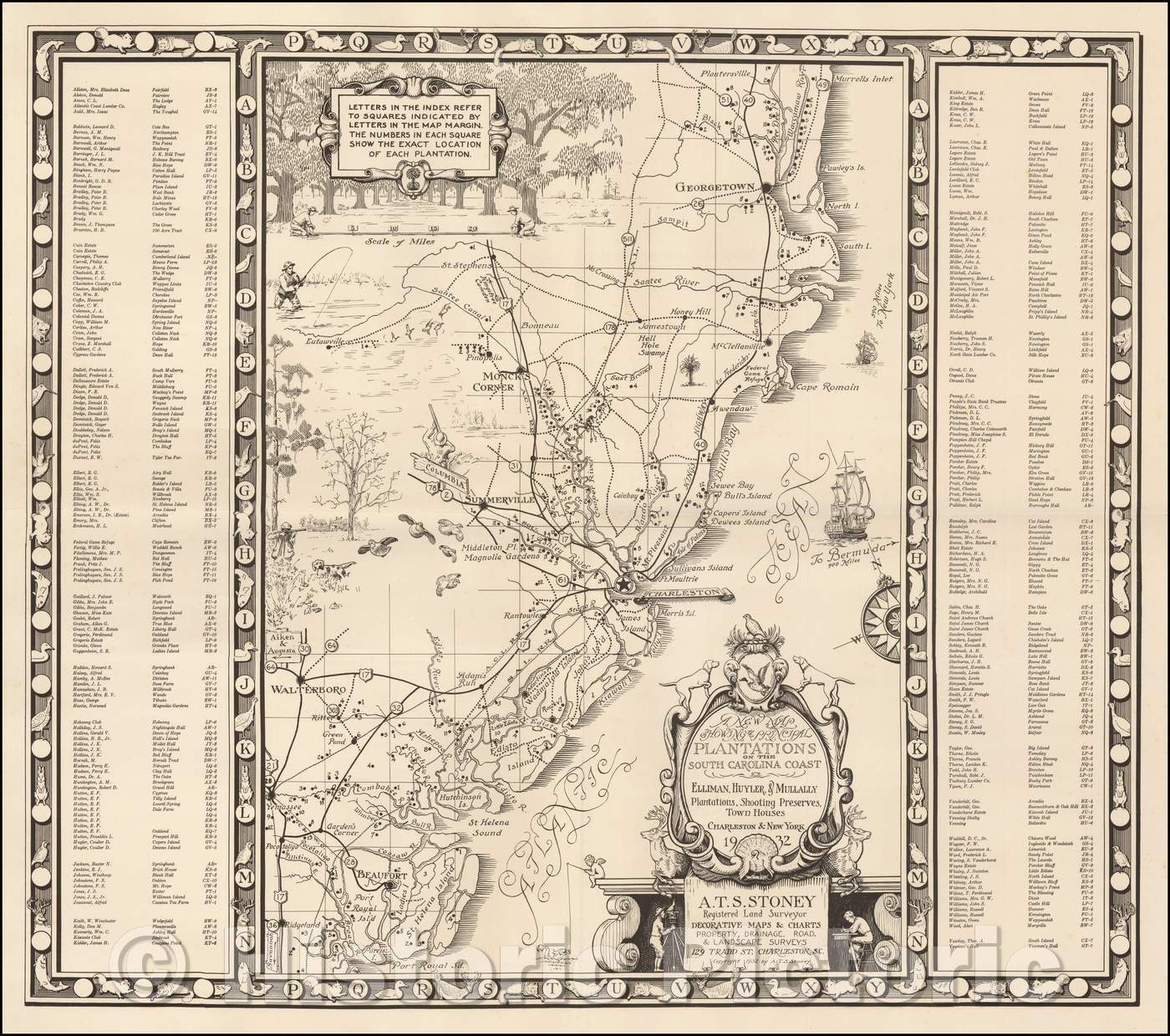 Historic Map - The Principal Plantations on the South Carolina Coast - Elliman, Huyler & Mullally Plantations, Shooting Preserves, Town Houses, 1932 - Vintage Wall Art