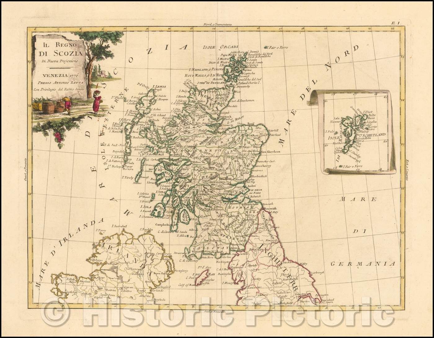 Historic Map - Il Regno di Scozia Di Nuova Projezione 1776 / Italian Map of Scotland, inset of the Schetland Islands, 1776, Antonio Zatta - Vintage Wall Art