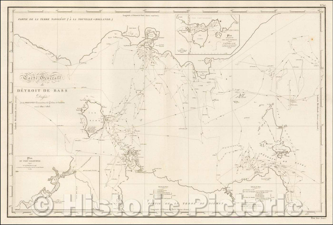 Historic Map - Detroit de Bass Dressee par L' Freycinet Commandans la Goelette le Casuarina annees 1802 :: Freycinet's Chart of the Bass Strait, 1812 - Vintage Wall Art