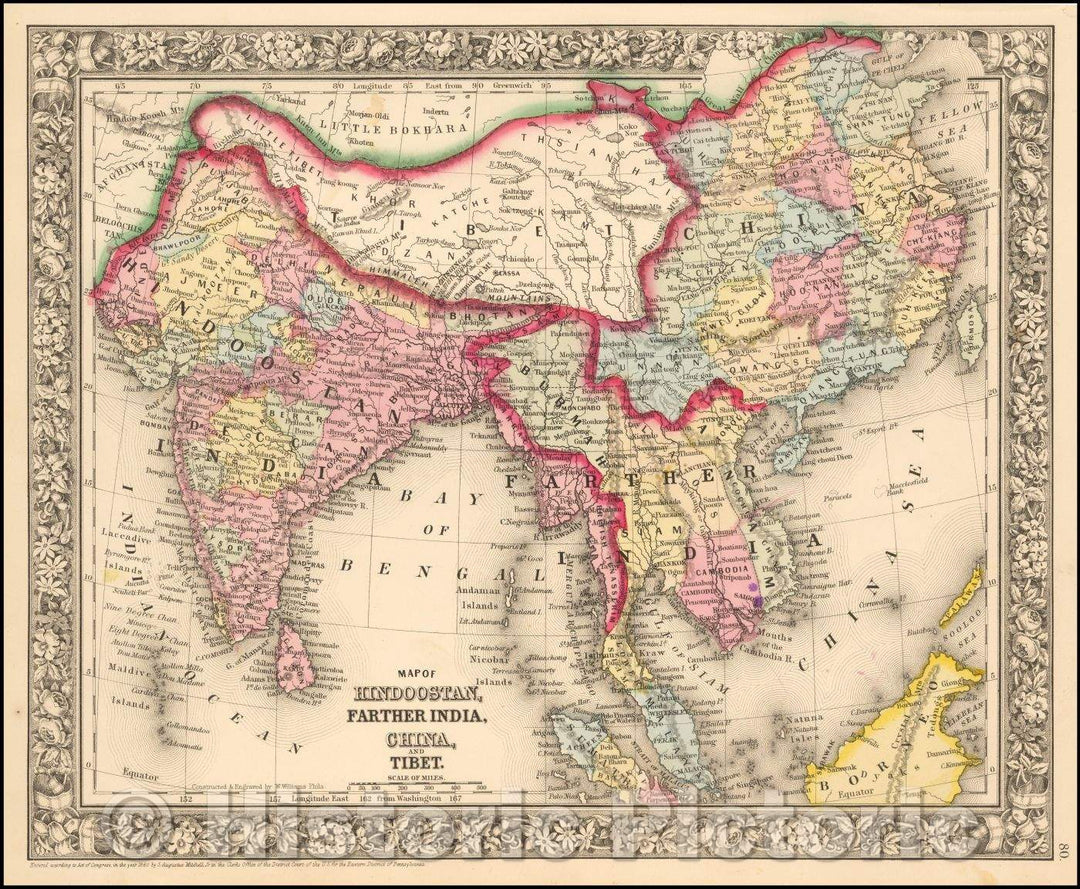 Historic Map - Map of Hindoostan, Farther India, China and Tibet, 1863, Samuel Augustus Mitchell Jr. - Vintage Wall Art