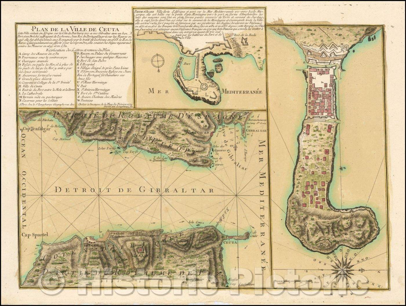 Historic Map - Plan de la Ville de Ceuta Cette Ville scituee en Afrique/Map of Ceuta, published in Paris by Longchamps, 1779, S.G. Longchamps - Vintage Wall Art